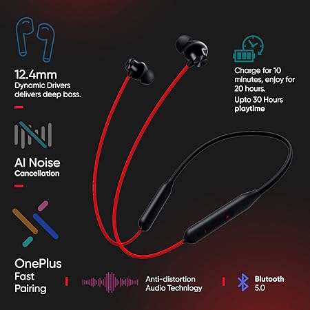 OnePlus Bullets Wireless  Z2 ANC Bluetooth Earphones with Mic, Bombastic Bass, 10 Mins Charge - 20 Hrs Music, 30 Hrs Battery Life