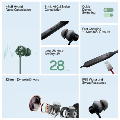 OnePlus Bullets Wireless  Z2 ANC Bluetooth Earphones with Mic, Bombastic Bass, 10 Mins Charge - 20 Hrs Music, 30 Hrs Battery Life